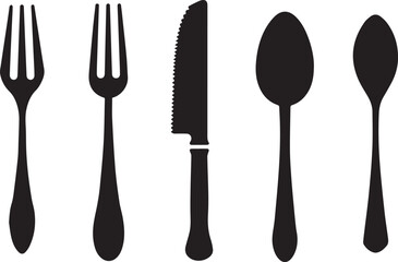 Wall Mural - Set of Cutlery Icon Silhouette, Spoon Fork Knife black silhouettes on white background