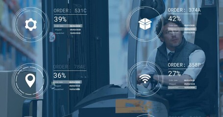 Poster - Animation of data processing and media icons over caucasian male worker in turret truck in warehouse