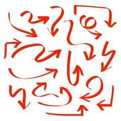 Poster - Hand drawn Arrows icons Set. Red arrow icon with various directions. Doodle vector illustration. isolated on a white background