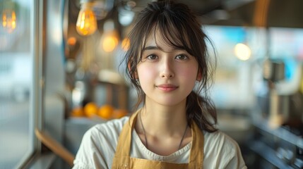 japanese woman in charming trailer house makes breakfast and coffee outdoors in mountains in summer sunny day