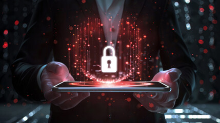 Poster - businessman is using a tablet that displays a holographic projection of cybersecurity lock icons, symbolizing data protection and information security.