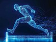 © Vatcharachai - A digital representation of an athlete jumping hurdles in a simulated environment, showcasing speed and agility with futuristic graphics.
