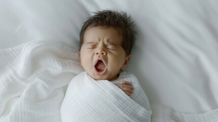 Sticker - yawning baby is wrapped snugly in a white blanket, lying on a textured white blanket.