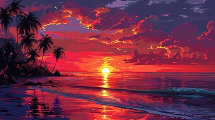 Sticker - panorama of sea sunset, the view of the ocean sunrise, sunset at sea