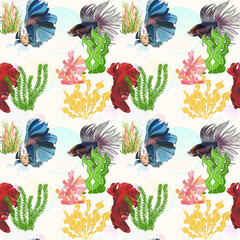 Seamless pattern illustration of fighting fish in the sea.