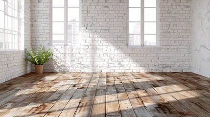 Wall Mural - room interior vintage with white brick wall and wood floor background