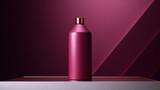 Fototapeta Młodzieżowe - Minimalistic image of a pink shampoo bottle in the center of the podium. Luxurious studio lighting. Generative AI