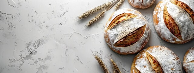 Wall Mural - Bread bakery background top food view fresh white wheat loaf. Background food flour bakery top bread slice pastry brown breakfast bake organic cut table french grain baguette board wood whole wooden.