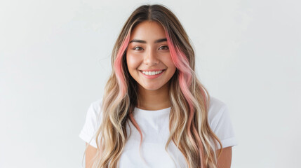 Poster - A cheerful individual with a bright smile and trendy hairstyle is wearing a casual white t-shirt against a light background.