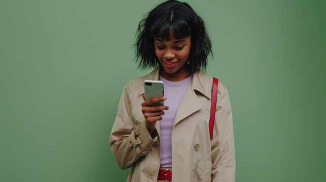 A focused woman is intently looking at her smartphone, standing against a vivid green background, dressed in a casual trench coat.