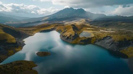 Wall Mural - Serene mountain lake landscape under cloudy skies. calm water, nature escape. perfect for travel and tourism. majestic scenic view. aerial photography style. AI