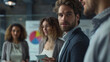 © MP Studio - Three professionals are discussing data and charts on a presentation board in a modern office setting.