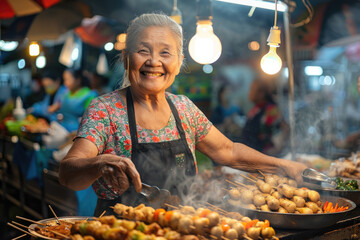 Wall Mural - woman smiling selling food at night market