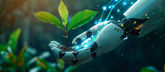 Canvas Print - farming with technology concept background. robot holding seed plant