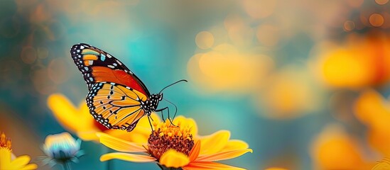 Wall Mural - A copper butterfly delicately balances on top of a bright yellow flower, displaying natures elegant colors and intricate beauty.