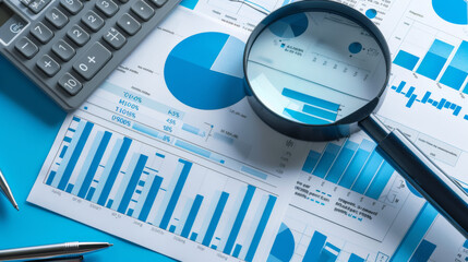 Canvas Print - financial analysis tools including a magnifying glass focusing on a pie chart, a calculator, graphs, and printed financial statements, arranged on a blue background.