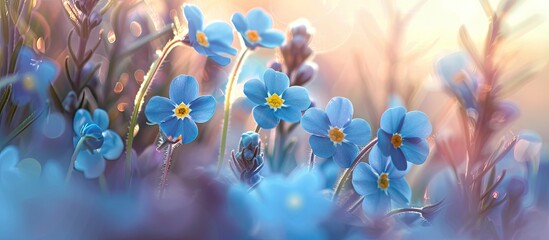 Canvas Print - A painting depicting forget me not flowers in varying shades of blue blooming gently in a field during spring. The flowers are scattered across the field, creating a serene and natural scene.