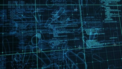 Poster - Animation of data processing over virus cells on black background