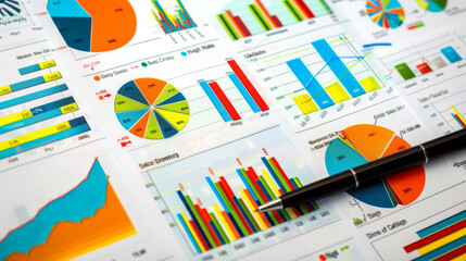 Poster - detailed financial report with colorful pie charts, bar graphs, and data analysis with a pen pointing to a specific area of the chart.