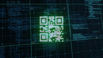 Poster - Animation of qr code over data processing on black background