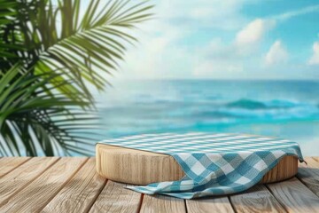 Empty wooden podium with tablecloth on table over tropical beach bokeh background. Summer mock up for design and product display. generative ai.