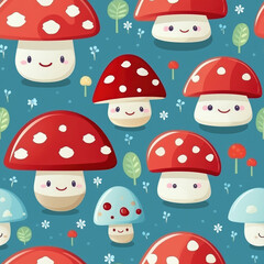 Wall Mural - cute red mushroom with facial expressions and green leaf seamless pattern on blue background