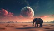 an elephant standing in the desert with a planet