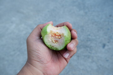 Selectively focus on the guava fruit you are holding that has been bitten