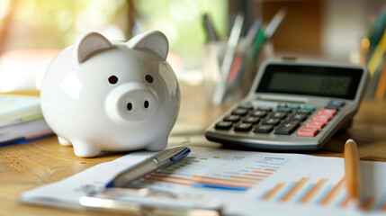 Poster - A piggy bank sits next to a calculator and financial charts on a wooden desk, symbolizing personal savings and financial planning.