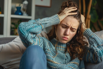 Canvas Print - Young woman holding his head in pain while sitting on the sofa