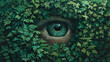 Amidst a sea of green, a lone eyeball covered by delicate foliage stares out, blending the lines between the observer and the observed