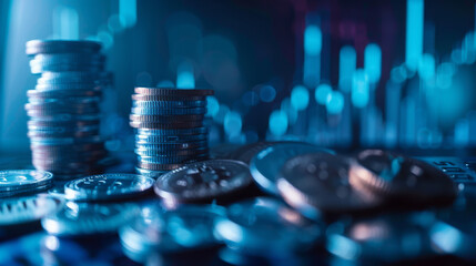 Poster - Bitcoin coin standing upright on a surface with a stack of coins in the background, against a backdrop featuring blurred cryptocurrency market data charts.