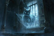 Illustration of a ghostly spooky cat floating through an ancient, cobweb-filled mansion, its eyes shining in the dark