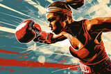 Fototapeta Kosmos - Illustration of a fearless woman boxer throwing a knockout punch in the ring, with exaggerated motion lines for impact