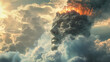 In an otherworldly scene, a human head crowned with a volcano peeks through the clouds, a symbol of powerful change
