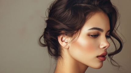 Wall Mural - profile view of a young woman with a natural makeup look