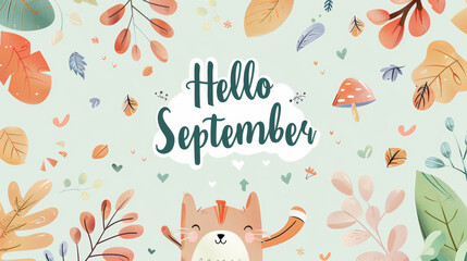 september month illustration background with pastel colors drawing with written hello september to c