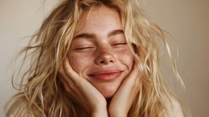 Wall Mural - young woman with closed eyes, a joyful expression, and hands gently placed on her cheeks.