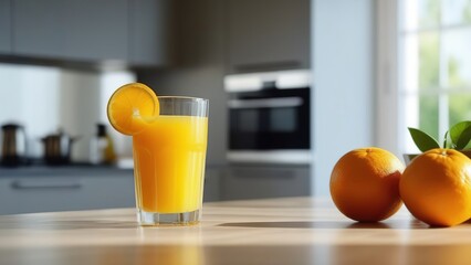 Freshly squeezed orange juice in a glass on the kitchen table, soft drink with vitamin C, vegetarianism, orange juice for breakfast, healthy lifestyle,