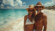 Vacation romantic love young happy smile couple in honeymoon travel holiday trip standing on sand at blue sky sea beach having fun and relaxing together on tropical beach.Summer travel 