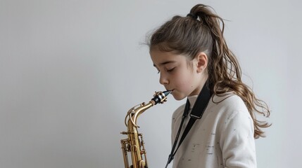 A girl plays the saxophone passionately on clean white background, background image, generative AI