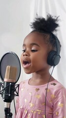 Wall Mural - A black little girl wearing headphone while singing in front of microphone against white background, background image, generative AI