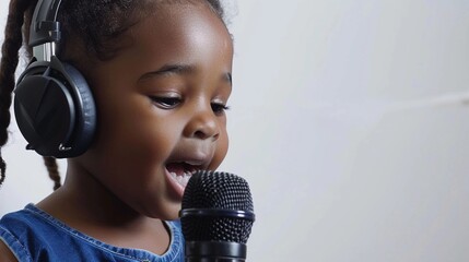 Wall Mural - A black little girl wearing headphone while singing in front of microphone against white background, background image, generative AI