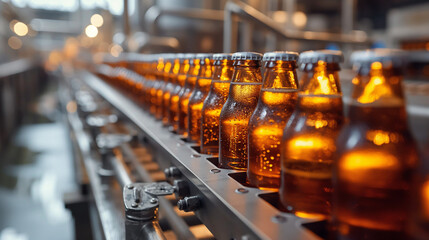 Process pasteurization of bottles on conveyor machinery of brewery. Germ removal and glass cleaning before bottling beer drink.