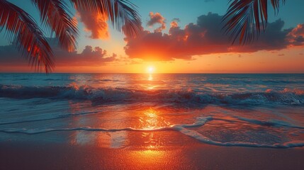 Wall Mural - Beautiful sunset beach landscape, exotic tropical island nature, blue sea water, ocean waves, colorful red yellow sky,
