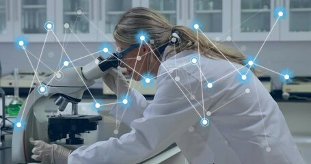 Poster - Animation of network of connections over caucasian female scientist working in lab