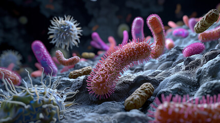 Microscopic view of various species of bacteria and other microbe on intestine surface . 3D illustration style .