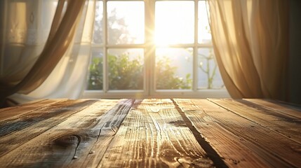 Canvas Print - Wooden table on defocuced window with curtain background