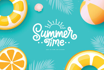 Wall Mural - Summer time text vector template design. Summer time greeting text with yellow floaters, orange slice and beachball decoration elements in blue background. Vector illustration summer time background. 