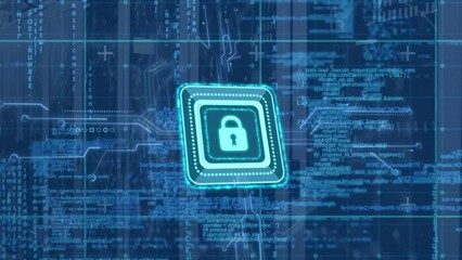 Poster - Animation of padlock icon and data processing over server room